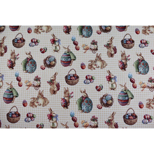 Tejido Jacquard con conejos y huevos de pascua. HOP. Ancho 140