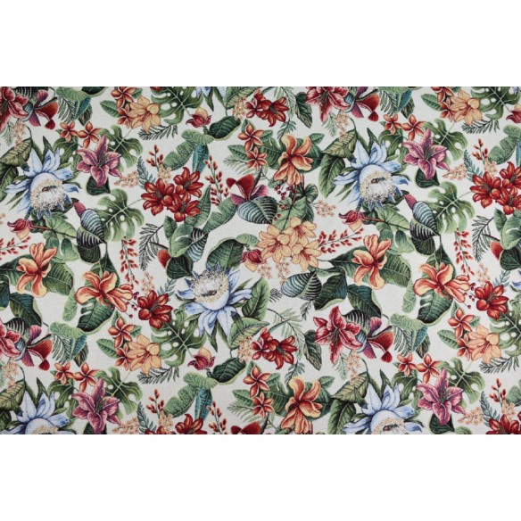 Tejido Jacquard con flor fondo beig LOTUS. Ancho 140.